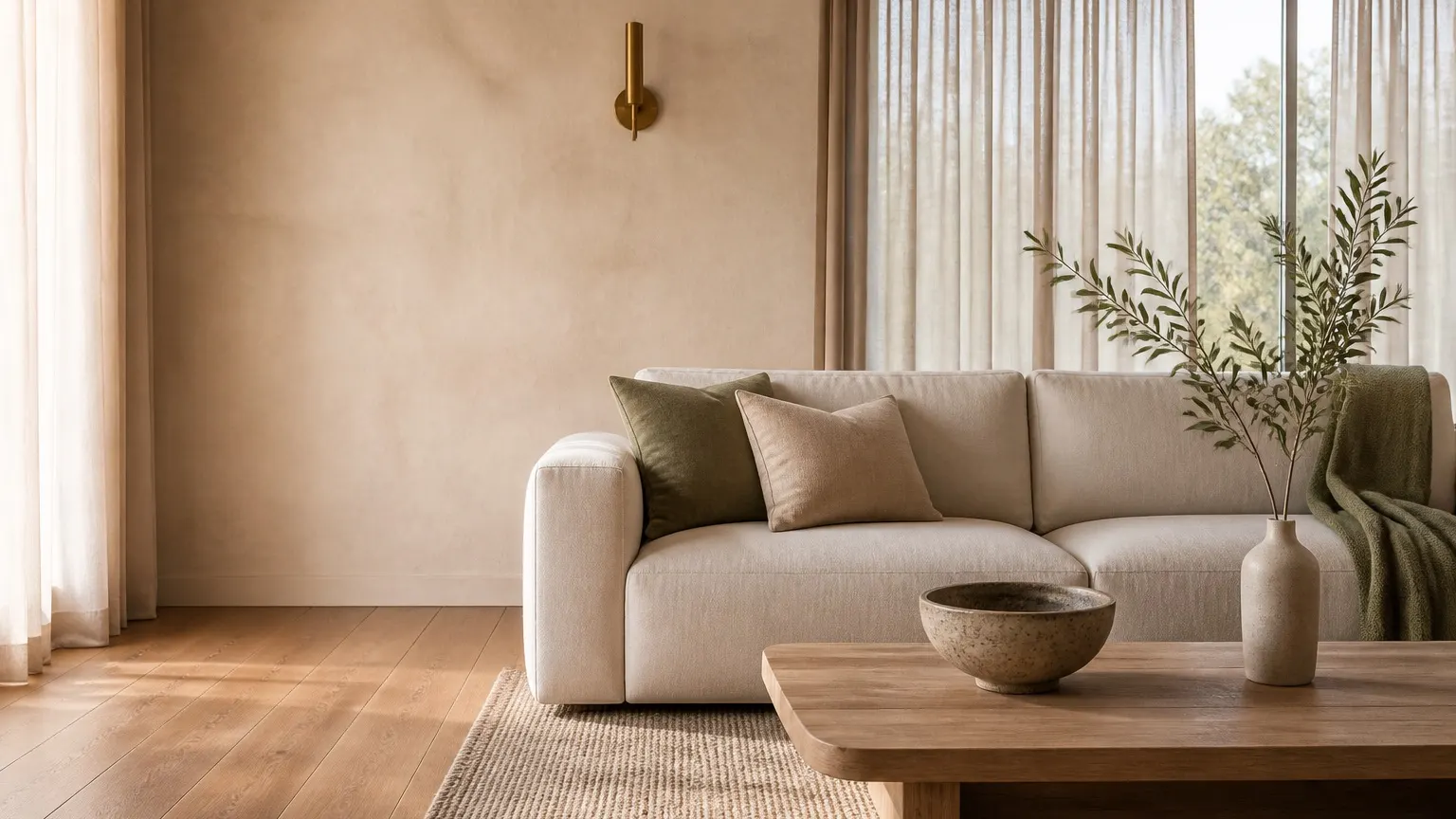 Sunlit living room with a cream linen sofa, oak floors, and sheer curtains in a calm, uncluttered home.