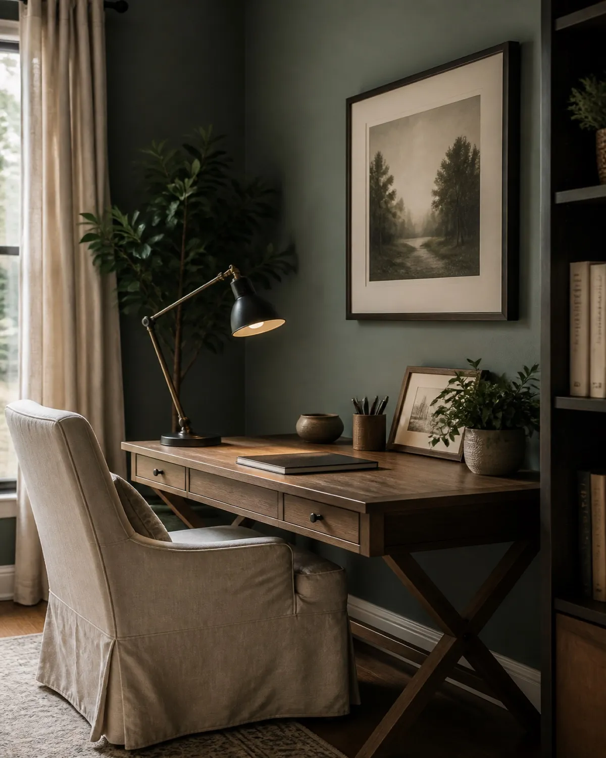 Home office desk with task lamp, linen chair, and calm green wall