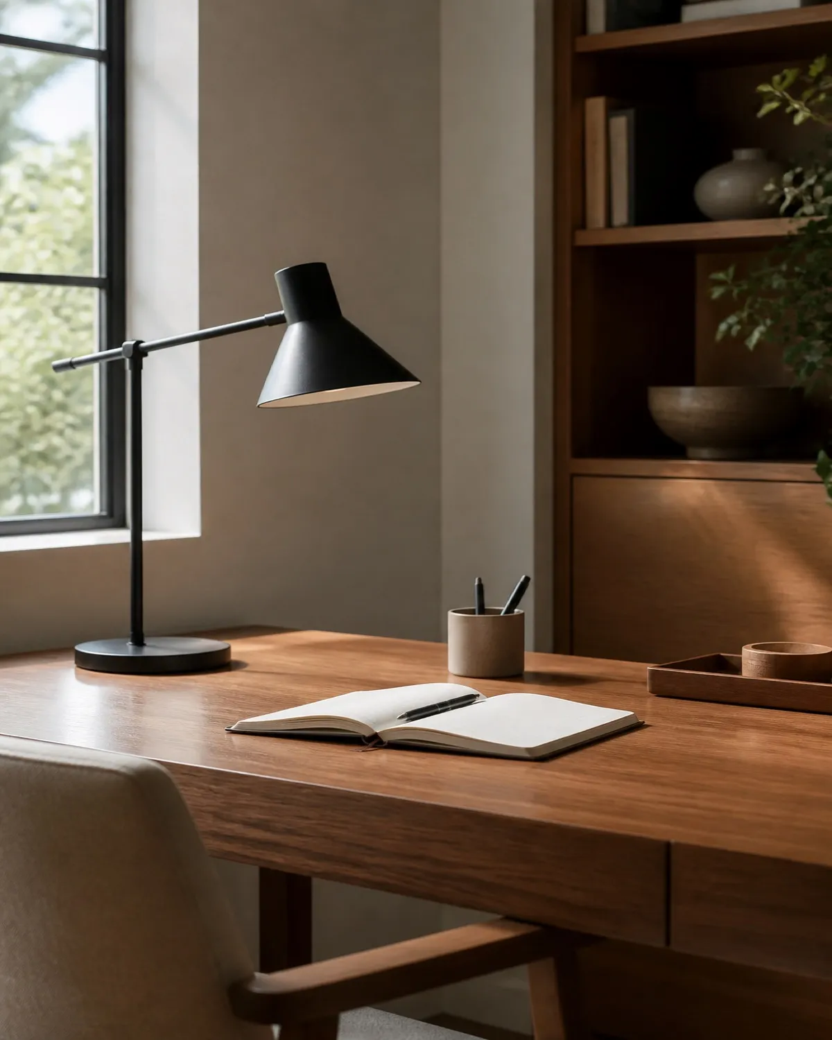 Minimalist desk with task lamp, notebook, and a clear uncluttered work surface